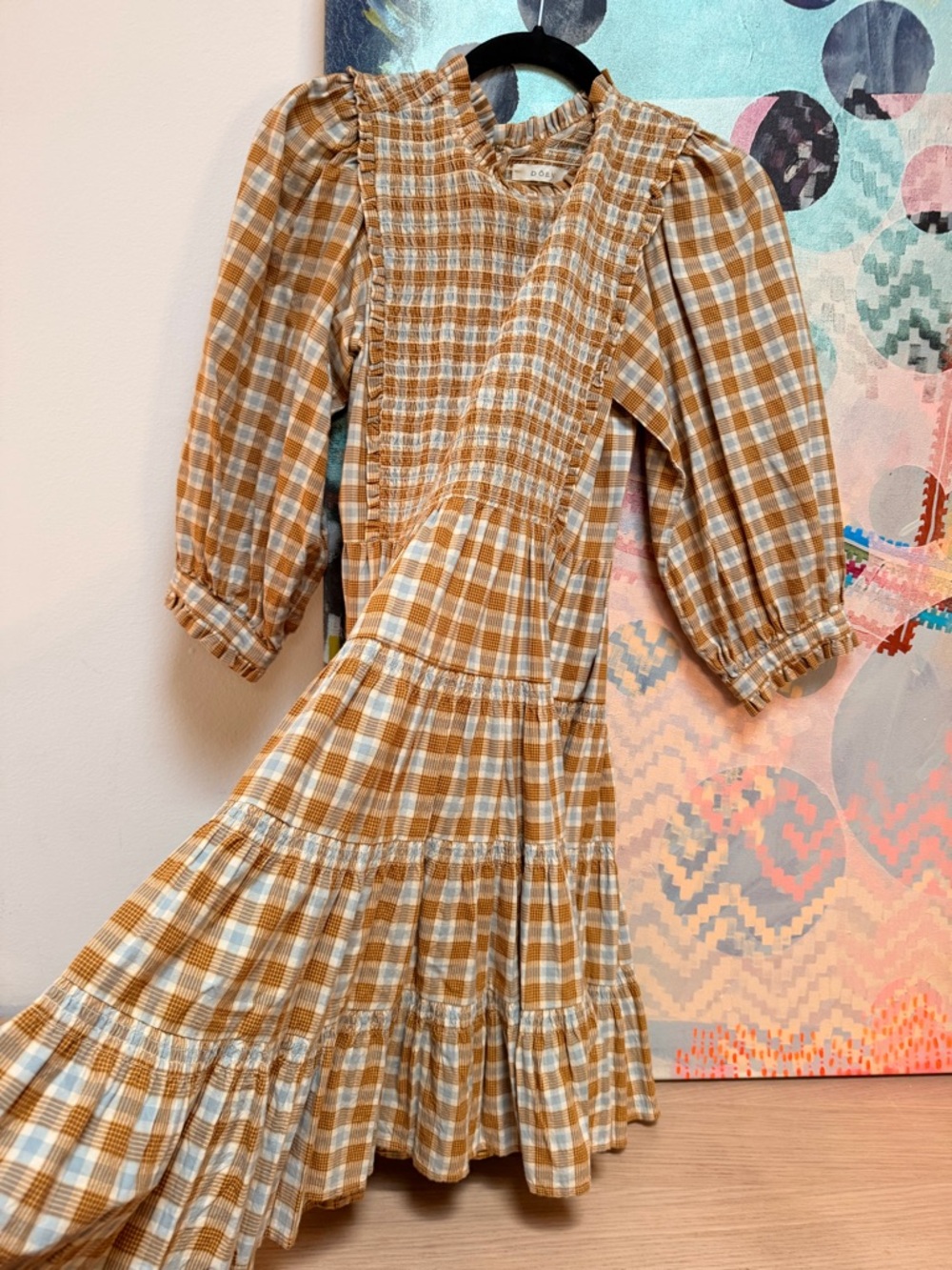 Doen Medina Dress - Gingham tan light blue tiered smocked ruffled size small - Picture 7 of 12